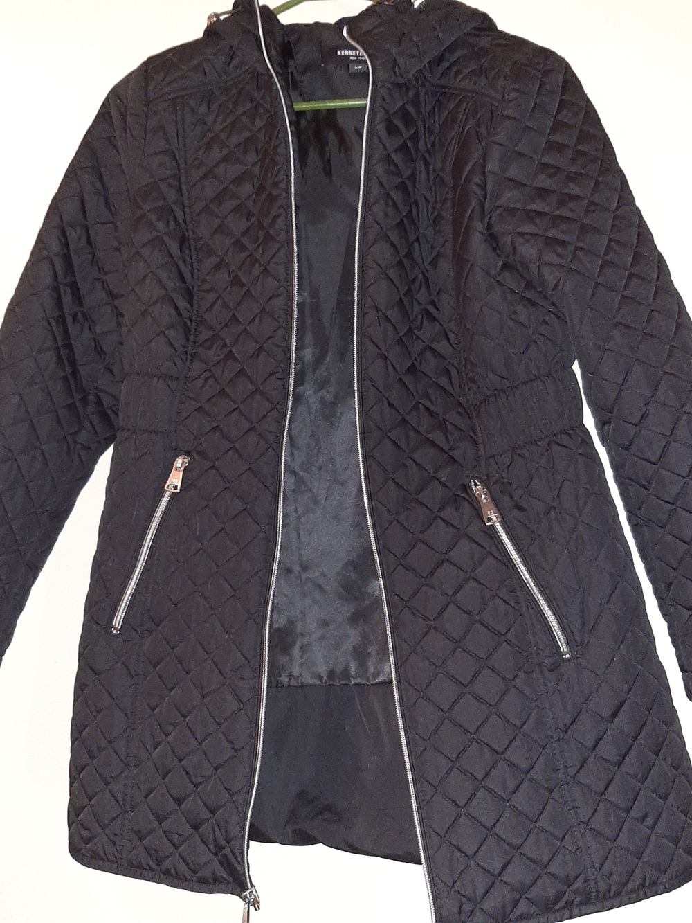 Kenneth Cole Black Quilted Hooded Long Jacket S/P EUC